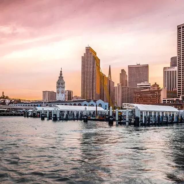 The Ferry Building at Sunset from the bay.